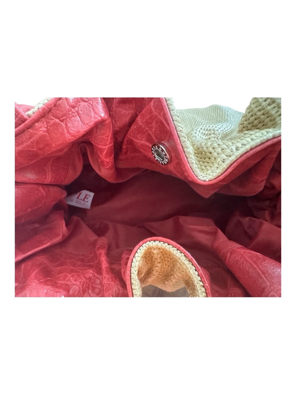 Vintage Bueno Y2K Woven Straw Gathered Hobo Bag Red Orange Faux Leather Rosette - Picture 4 of 8